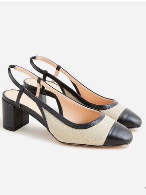 J.CREW MILLIE CAP-TOE ITALIAN LINEN/LEATHER BLOCK HEEL SLING BACK SHOES NEW Sz10